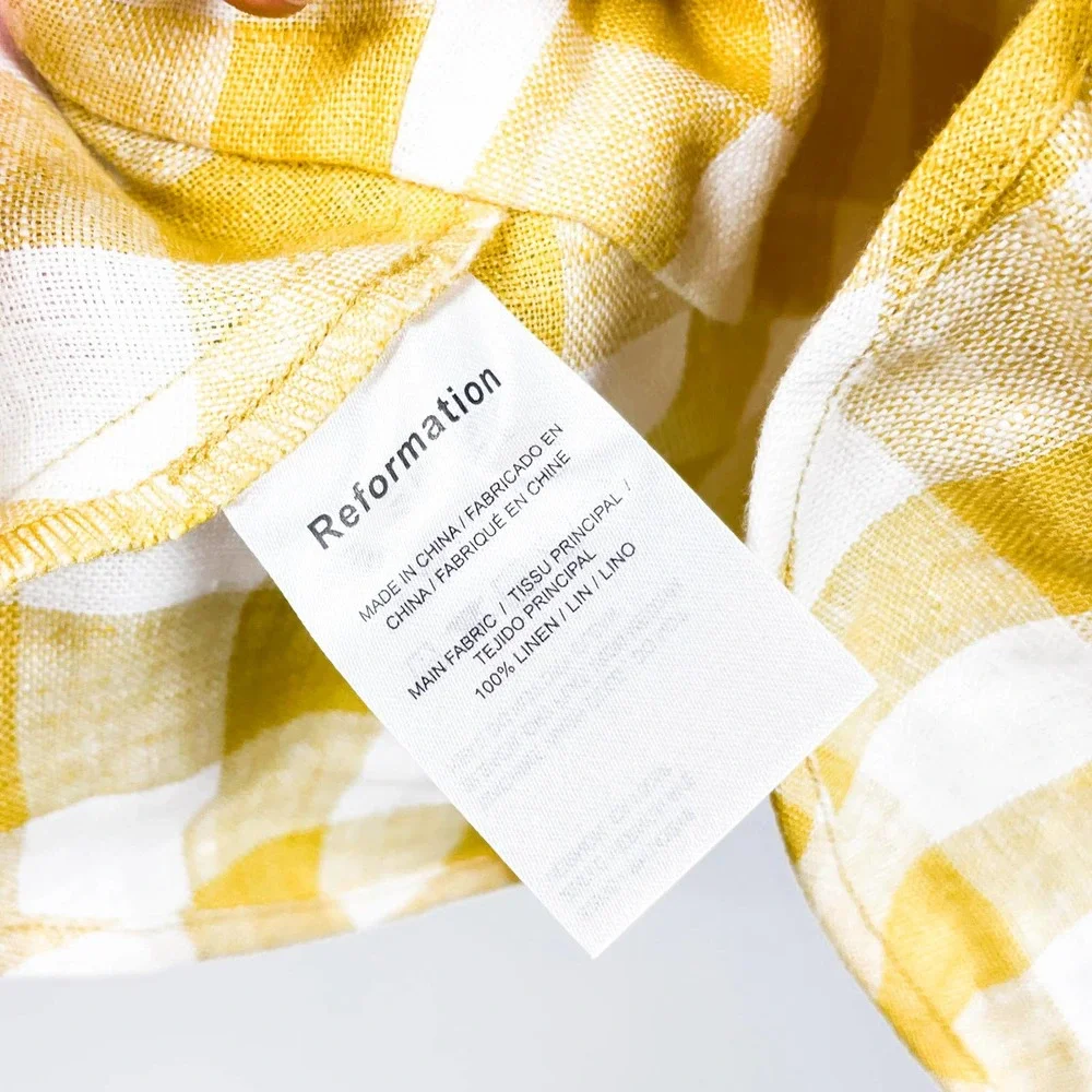 Reformation Yellow and White Gingham Lace-Up Puff Sleeve Top